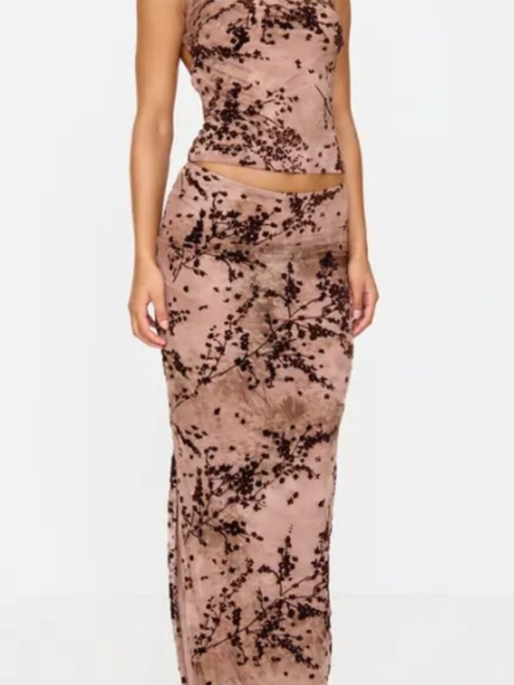 NWT PrettyLittleThing Mauve Velvet Devore Mesh Maxi Skirt Top Set 12/14